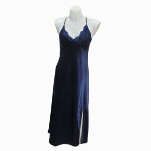 Satin Chemise Gown Slip Dress L Dark Blue